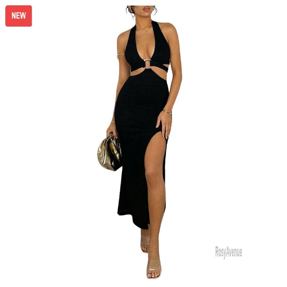 Backless Halter Bodycon Dress with High Slit and Tie Back